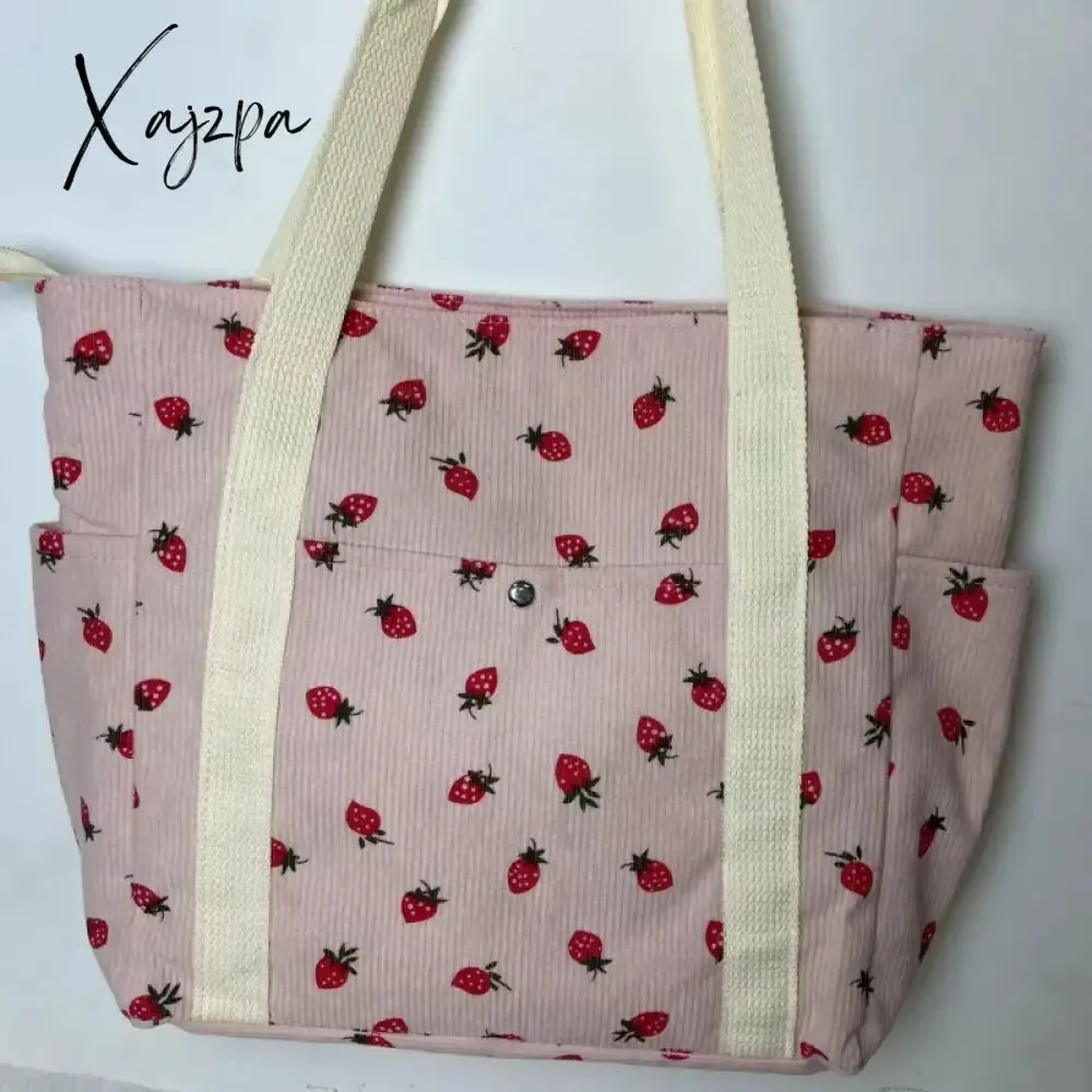 Beautiful Corduroy Strawberry Shoulder Bag Sweet Fresh Versatile Handbag with Academy Style Large Capacity Classroom Tote Bag