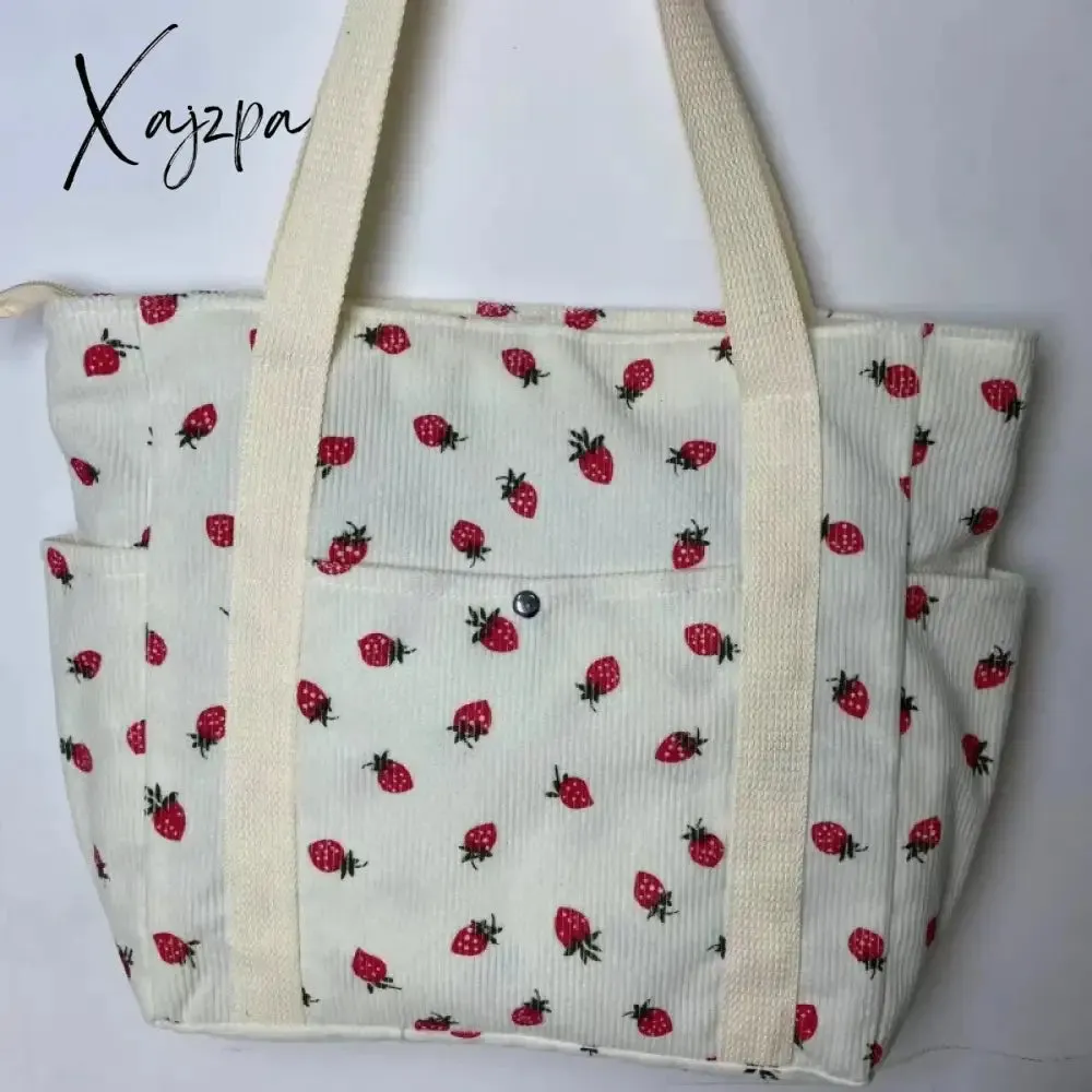 Beautiful Corduroy Strawberry Shoulder Bag Sweet Fresh Versatile Handbag with Academy Style Large Capacity Classroom Tote Bag