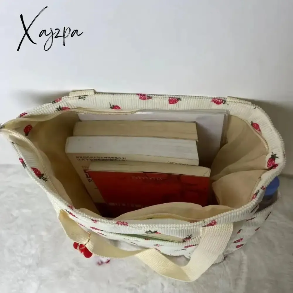 Beautiful Corduroy Strawberry Shoulder Bag Sweet Fresh Versatile Handbag with Academy Style Large Capacity Classroom Tote Bag