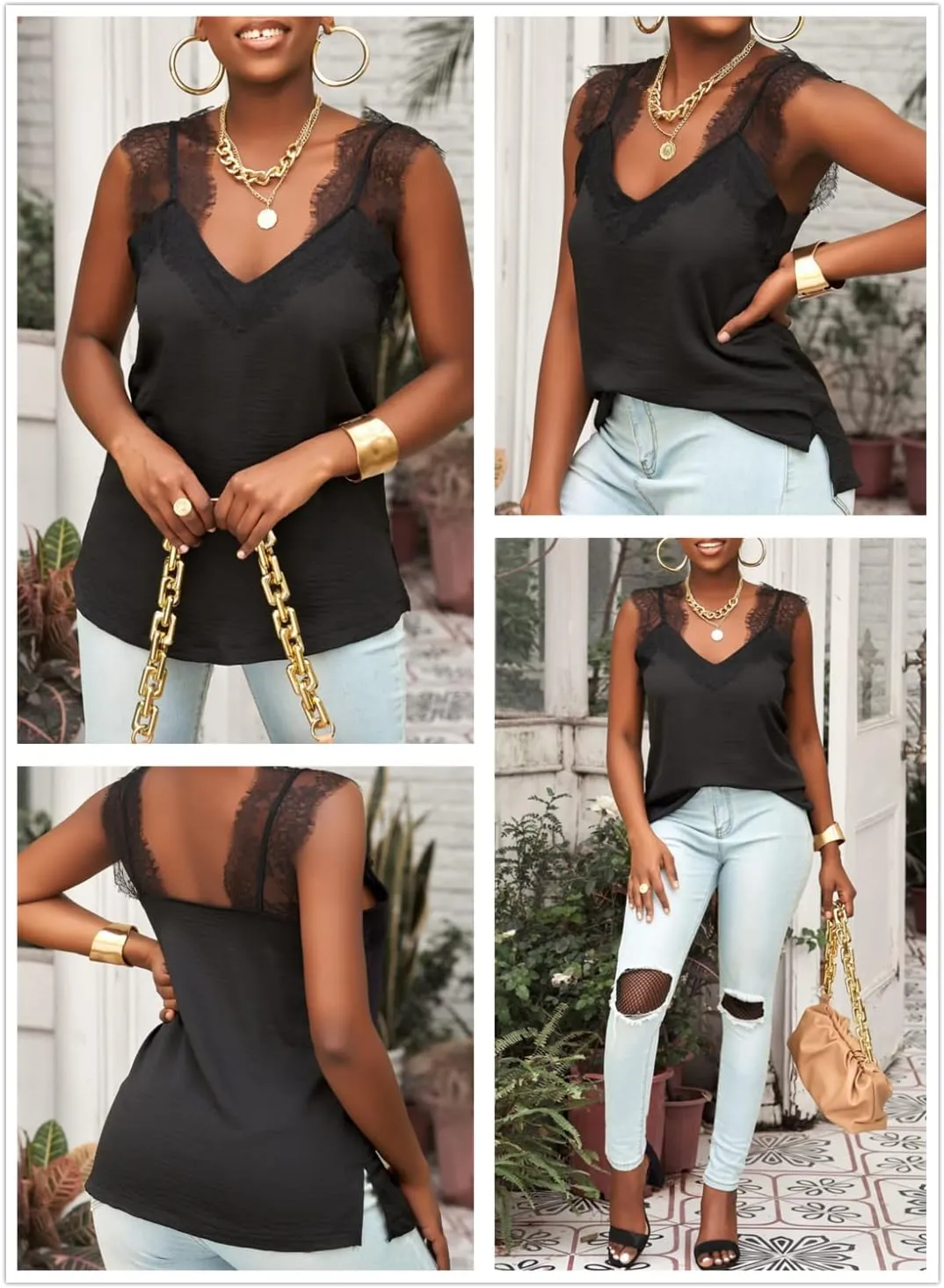 BLENCOT Women's V Neck Lace Strappy Cami Tank Tops Casual Loose Sleeveless Blouse Shirts