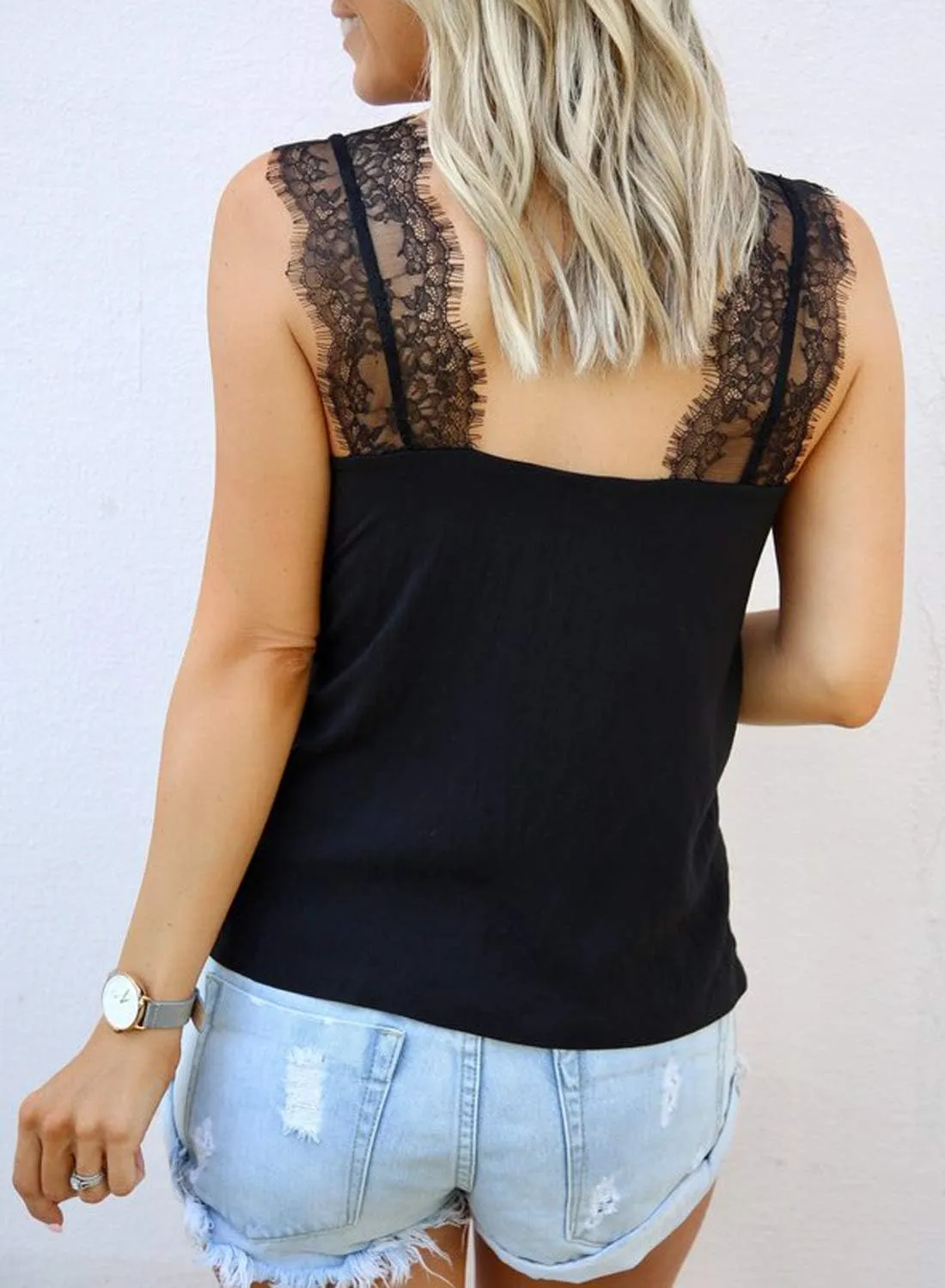 BLENCOT Women's V Neck Lace Strappy Cami Tank Tops Casual Loose Sleeveless Blouse Shirts