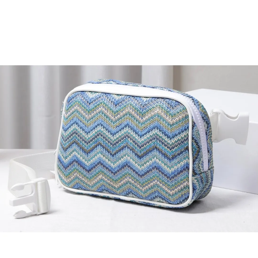 Blue Raffia Chevron Belt Bag