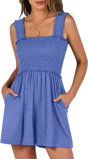 Caracilia Women's Summer Casual Smocked Rompers Square Neck Sleeveless Loose Shorts Jumpsuit 2025 Beach Vacation Outfits