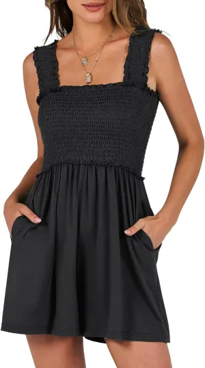 Caracilia Women's Summer Casual Smocked Rompers Square Neck Sleeveless Loose Shorts Jumpsuit 2025 Beach Vacation Outfits