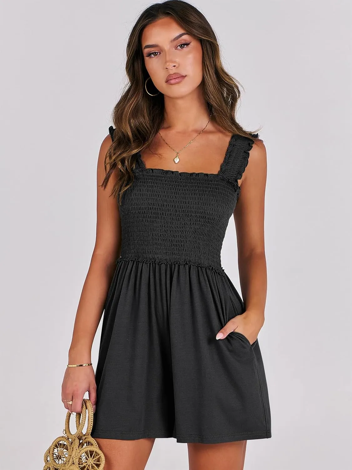 Caracilia Women's Summer Casual Smocked Rompers Square Neck Sleeveless Loose Shorts Jumpsuit 2025 Beach Vacation Outfits