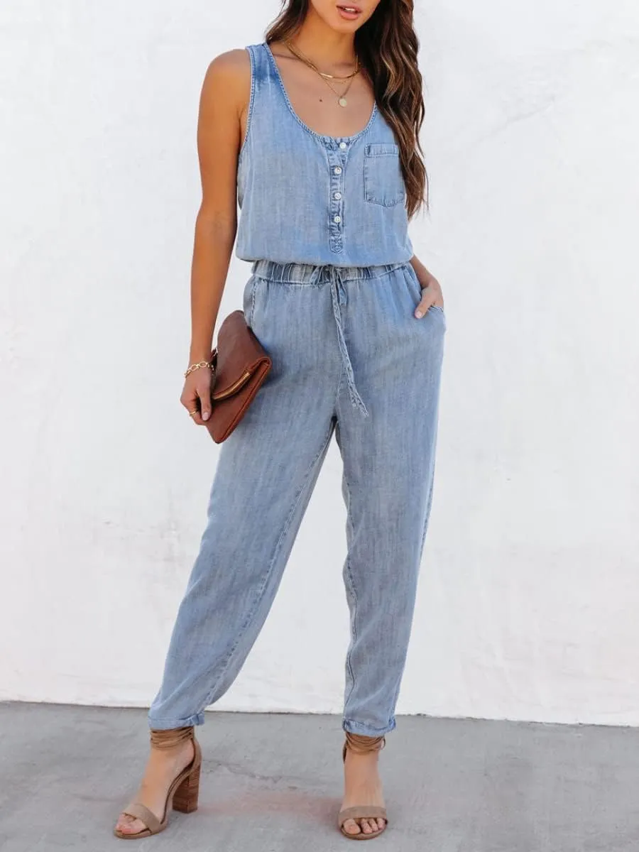 chouyatou Women's Denim Scoop Neck Sleeveless Drawstring Waist Jumpsuits Overall Rompers