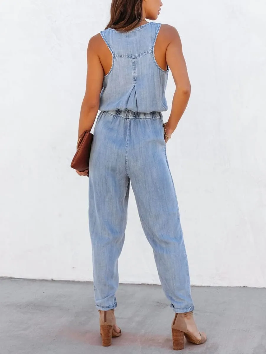chouyatou Women's Denim Scoop Neck Sleeveless Drawstring Waist Jumpsuits Overall Rompers