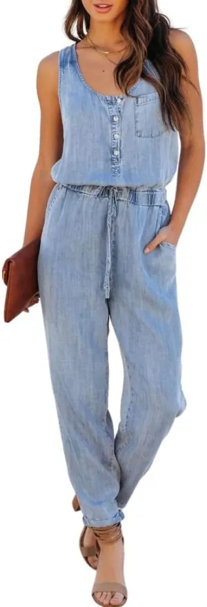 chouyatou Women's Denim Scoop Neck Sleeveless Drawstring Waist Jumpsuits Overall Rompers