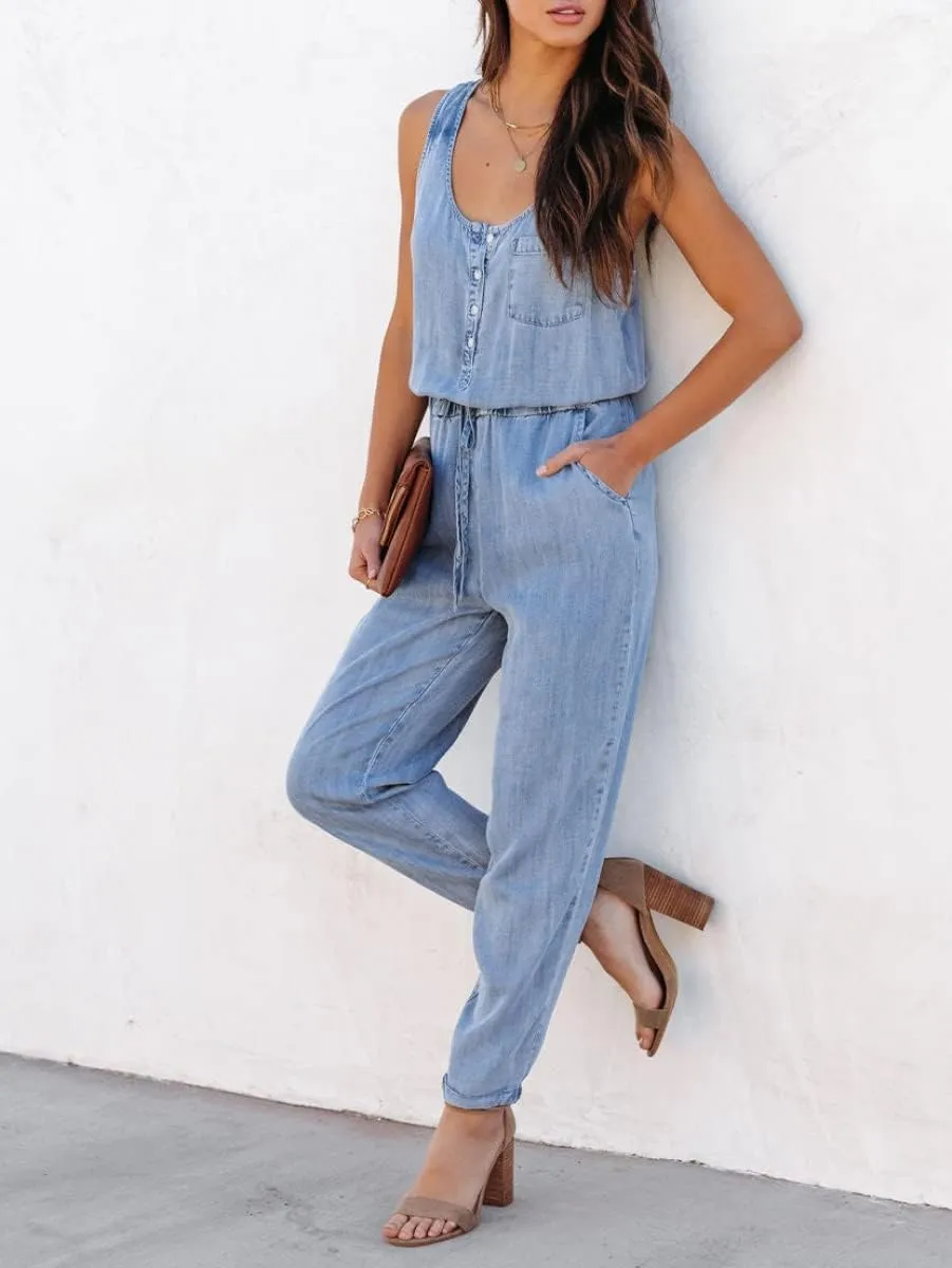 chouyatou Women's Denim Scoop Neck Sleeveless Drawstring Waist Jumpsuits Overall Rompers