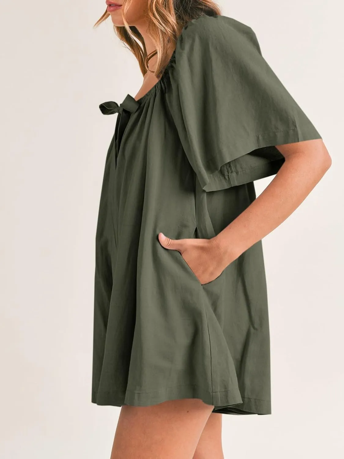 Cicy Bell Womens Summer Square Neck Romper Short Sleeve Backless Tie Front Flowy Short Jumpsuit Beach Vacation Outfits