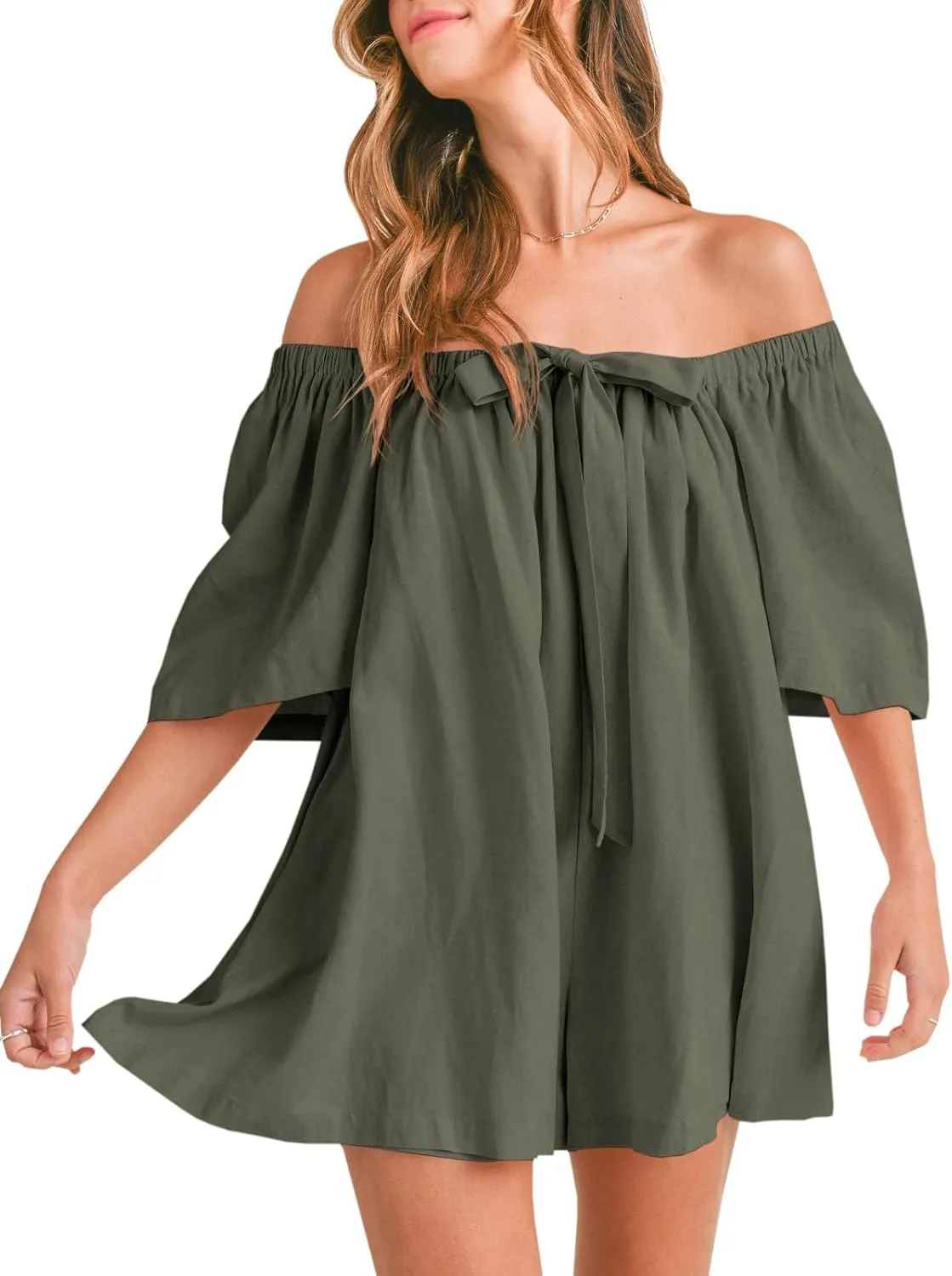 Cicy Bell Womens Summer Square Neck Romper Short Sleeve Backless Tie Front Flowy Short Jumpsuit Beach Vacation Outfits