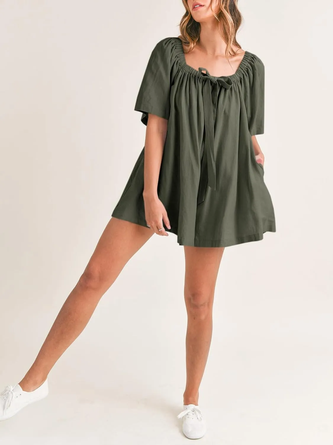 Cicy Bell Womens Summer Square Neck Romper Short Sleeve Backless Tie Front Flowy Short Jumpsuit Beach Vacation Outfits