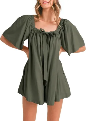 Cicy Bell Womens Summer Square Neck Romper Short Sleeve Backless Tie Front Flowy Short Jumpsuit Beach Vacation Outfits