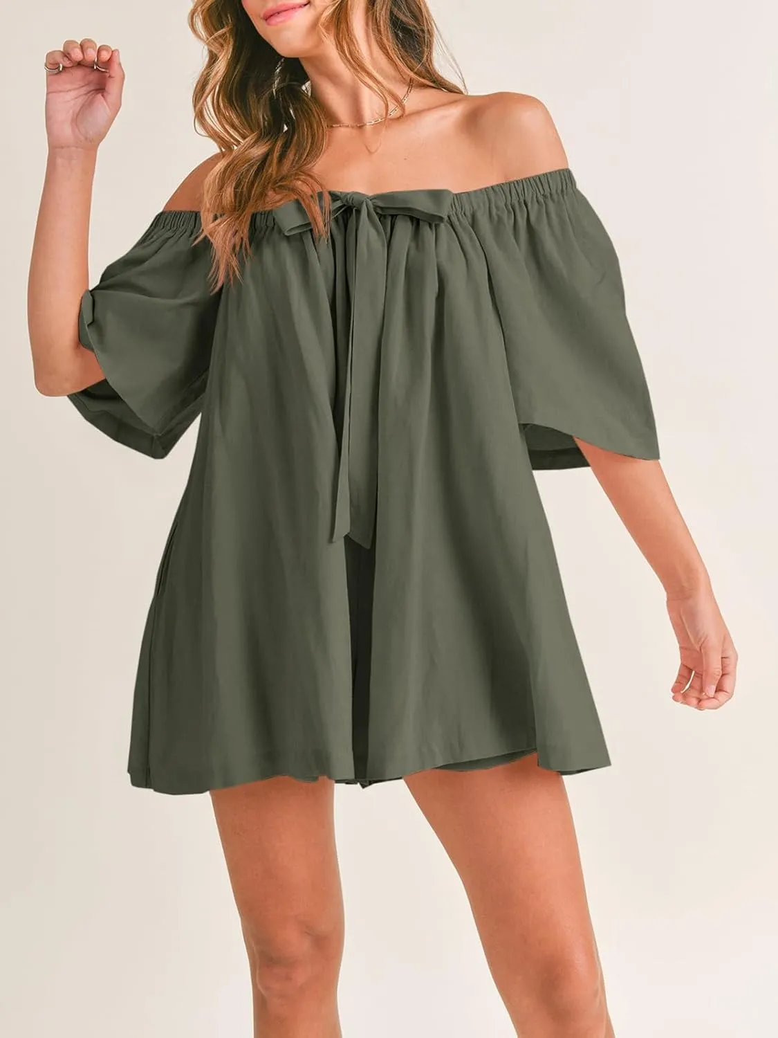 Cicy Bell Womens Summer Square Neck Romper Short Sleeve Backless Tie Front Flowy Short Jumpsuit Beach Vacation Outfits