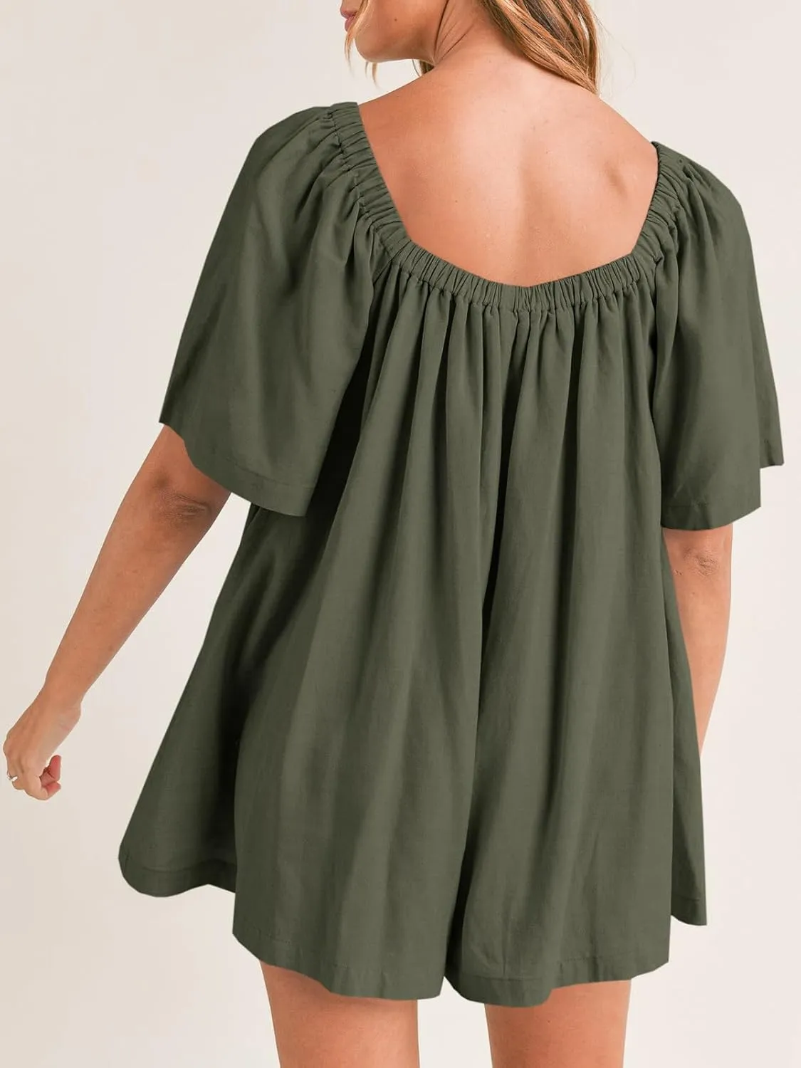 Cicy Bell Womens Summer Square Neck Romper Short Sleeve Backless Tie Front Flowy Short Jumpsuit Beach Vacation Outfits