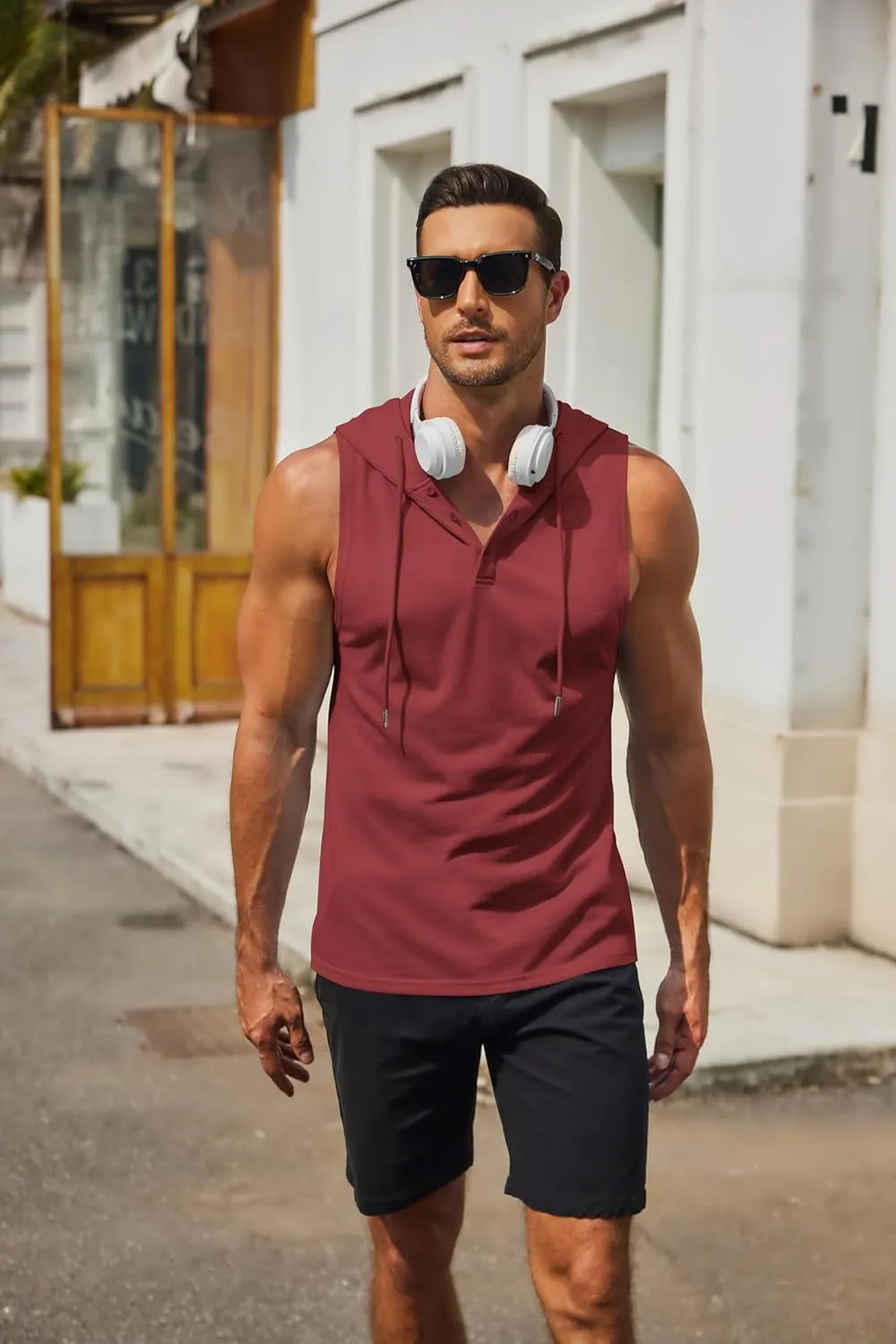 COOFANDY Men's Workout Hooded Tank Tops Sleeveless Gym Hoodies Cotton Muscle Cut Off Shirt Bodybuilding Henley Shirts