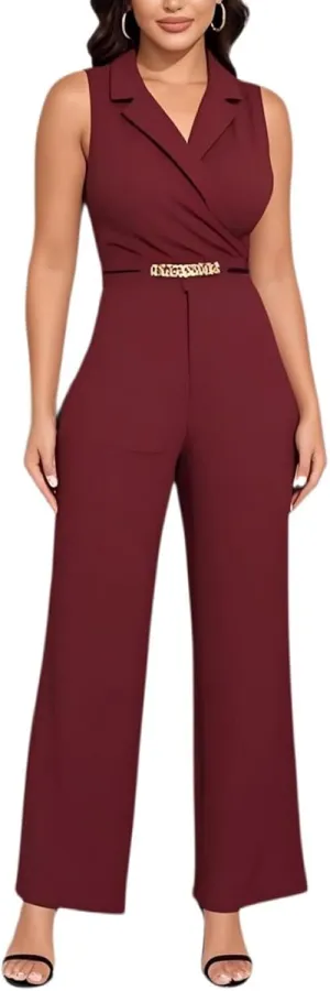 DeftSharp 2025 Women's Sexy Cocktail Party Clubwear Casual Working Rompers Club Back Zip Belt Long Jumpsuit