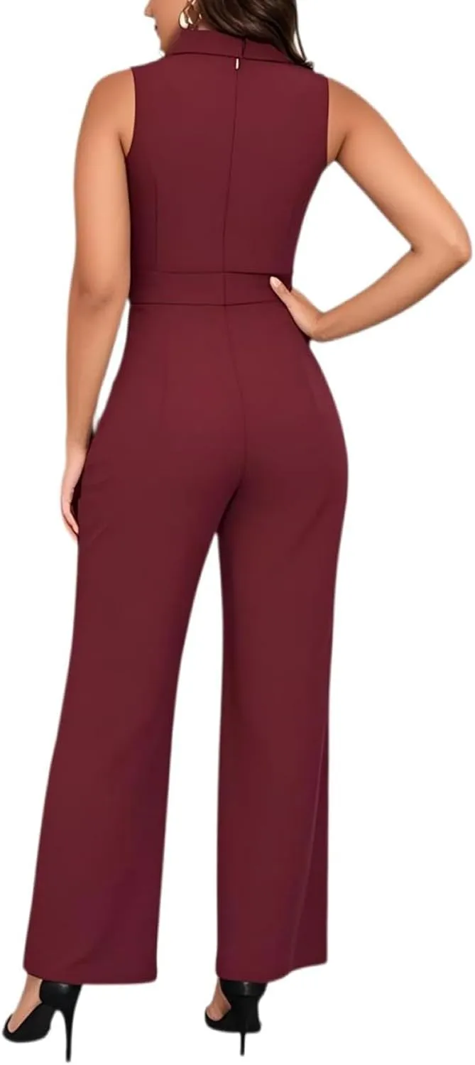 DeftSharp 2025 Women's Sexy Cocktail Party Clubwear Casual Working Rompers Club Back Zip Belt Long Jumpsuit