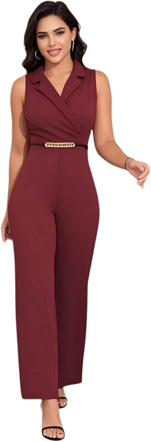DeftSharp 2025 Women's Sexy Cocktail Party Clubwear Casual Working Rompers Club Back Zip Belt Long Jumpsuit