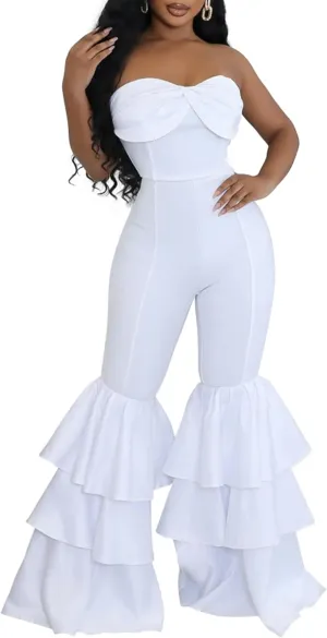 Ecirod Womens 2024 Summer Strapless Jumpsuits High Waisted Tiered Ruffle Flare Pants One Piece Tube Top Romper