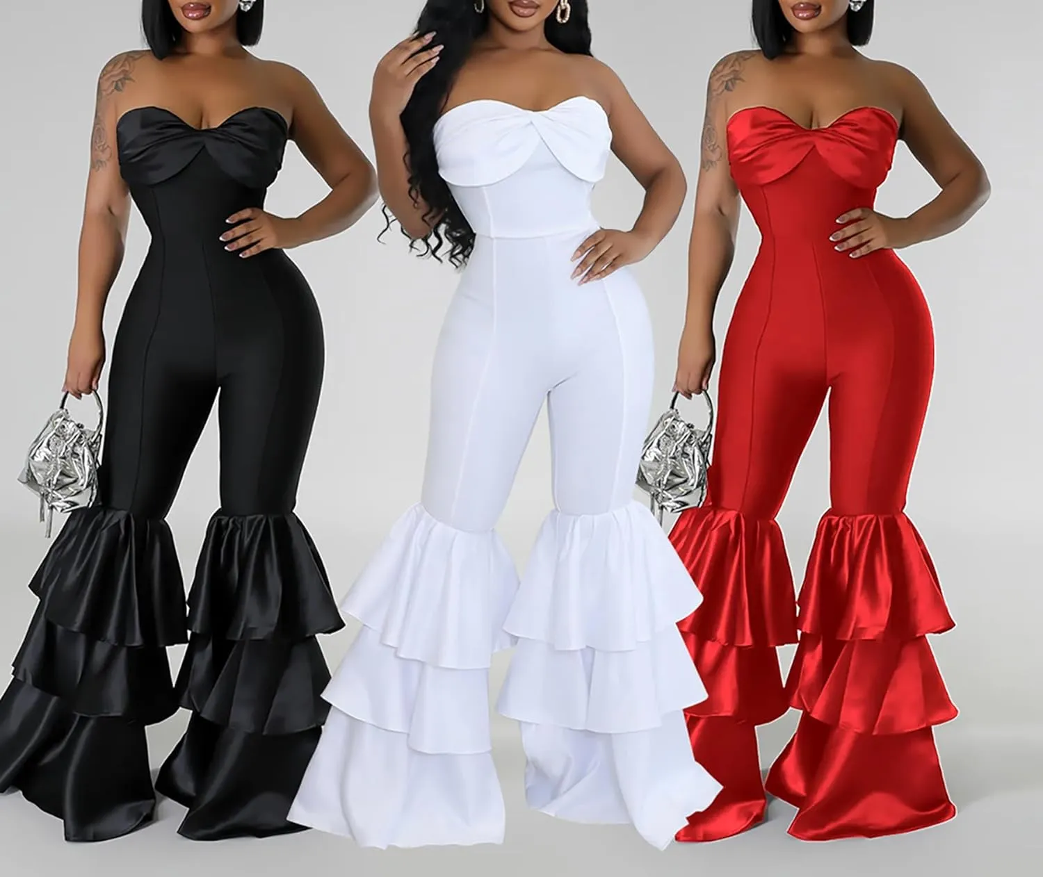 Ecirod Womens 2024 Summer Strapless Jumpsuits High Waisted Tiered Ruffle Flare Pants One Piece Tube Top Romper