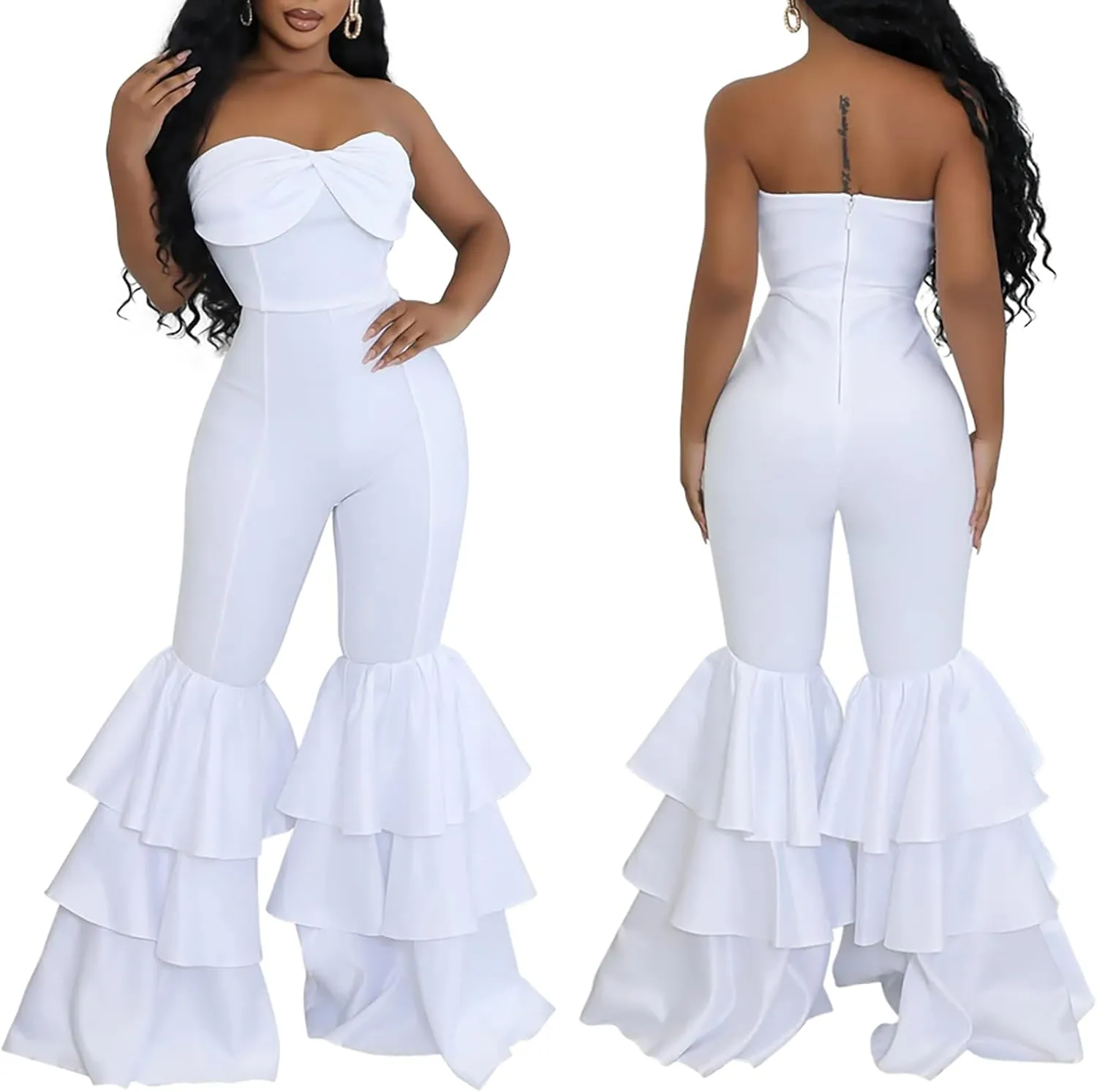 Ecirod Womens 2024 Summer Strapless Jumpsuits High Waisted Tiered Ruffle Flare Pants One Piece Tube Top Romper