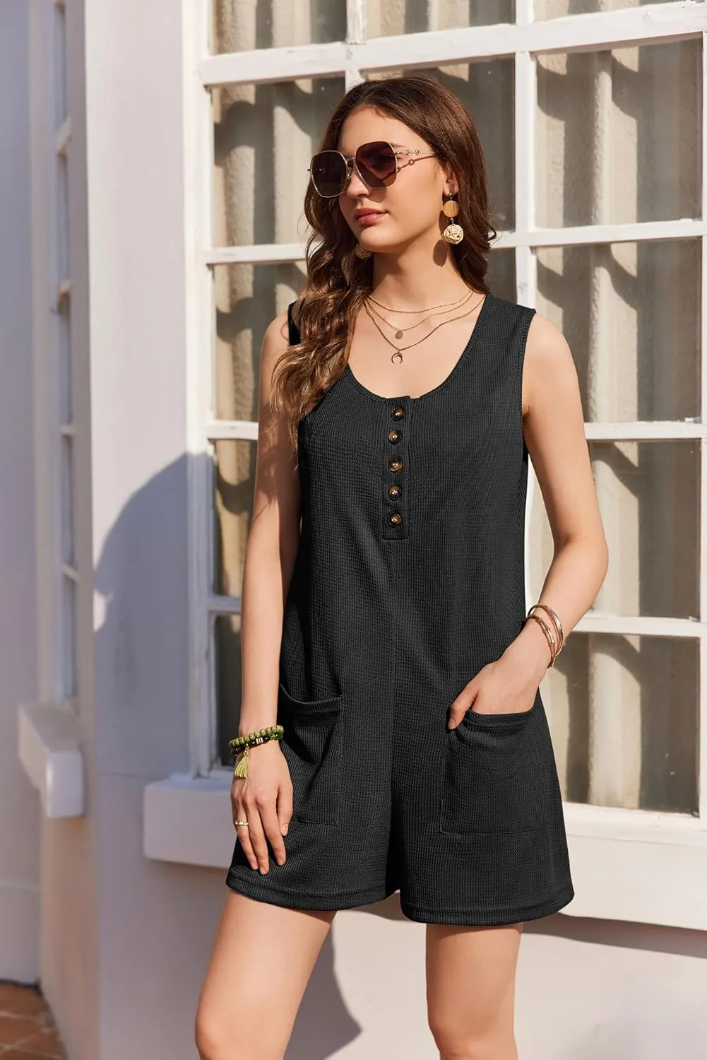 Ekouaer Women Rompers Waffle Summer Overalls Shorts Loose Jumpsuit with Pockets Casual 2025 Beach Outfits Vacation Clothes