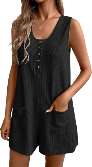 Ekouaer Women Rompers Waffle Summer Overalls Shorts Loose Jumpsuit with Pockets Casual 2025 Beach Outfits Vacation Clothes