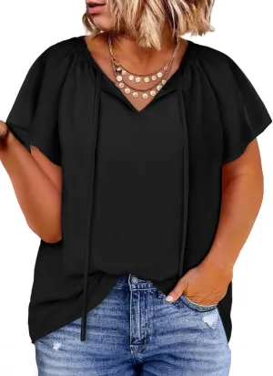Eytino Women Plus Size Tops Boho Printed V Neck Short Sleeve Drawstring Casual Chiffon Shirts Blouse(1X-5X)