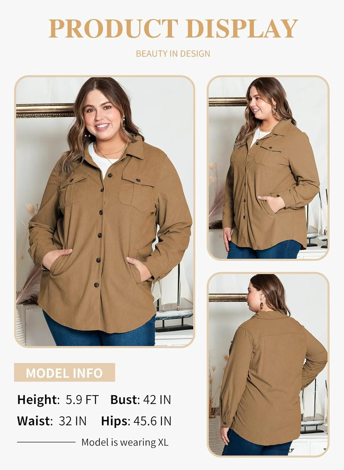 Eytino Womens Plus Size Long Sleeve Button Down Boyfriend Shirts Casual Plaid Shacket Jacket Coats(1X-5X)