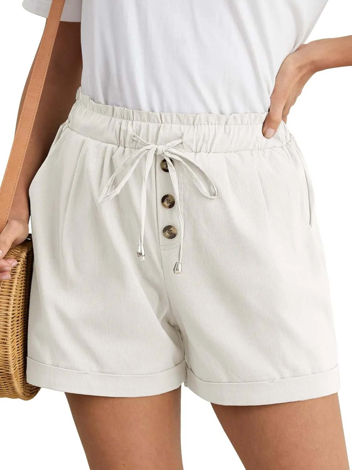 Feiersi Shorts for Women Summer Trendy Drawstring Elastic Waist Beach Wide Leg Short with Pockets