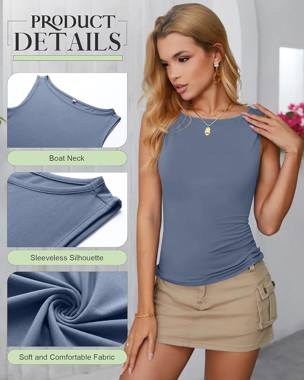 Ficerd Women 3 Piece Boat Neck Tank Tops Sleeveless Crop Shirts Summer Casual Slim Fit Going Out Basic Y2K Fashion Tee