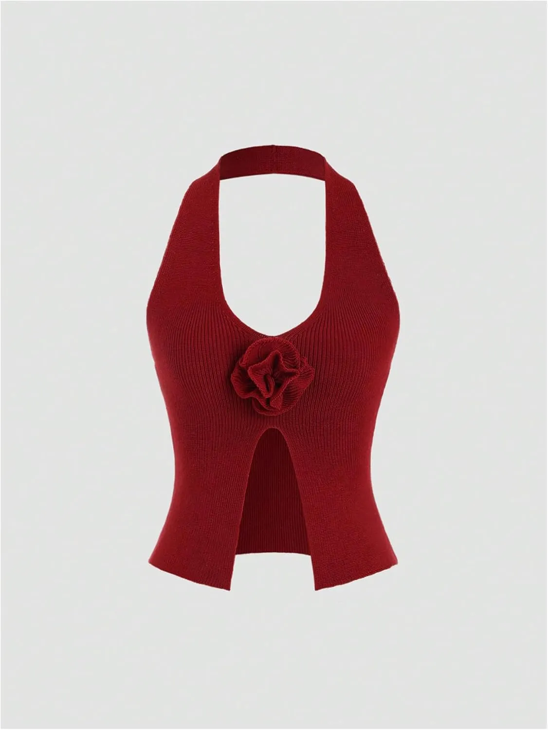 GORGLITTER Women's Sexy Going Out Vest Tops Fashion Crochet Knit Ribbed Sweater Vest Open Front Trendy Halter Crop Tops