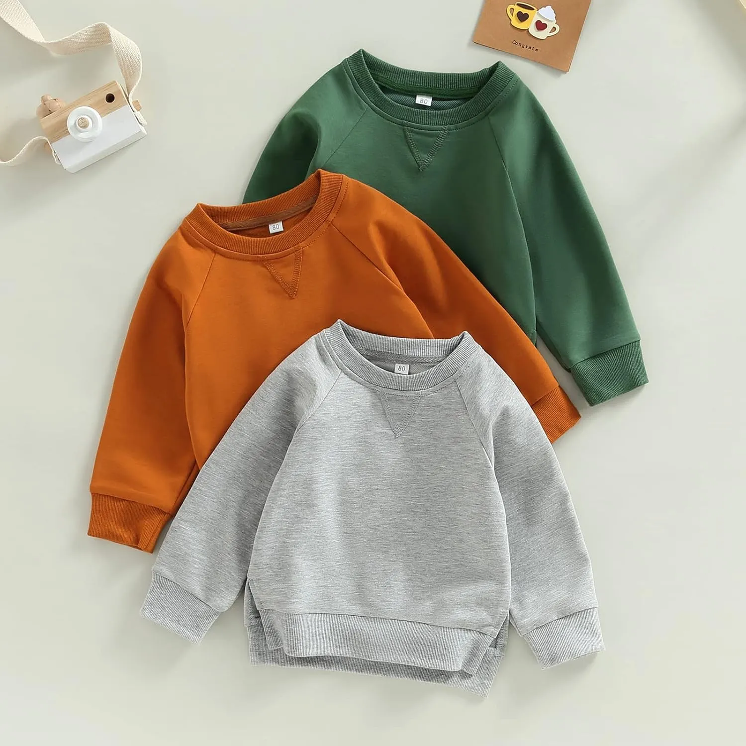 Gueuusu Toddler Kids Baby Boy Girl Crewneck Sweatshirt Cotton Long Sleeve Solid Color Pullover Top Casual Spring Fall Clothes