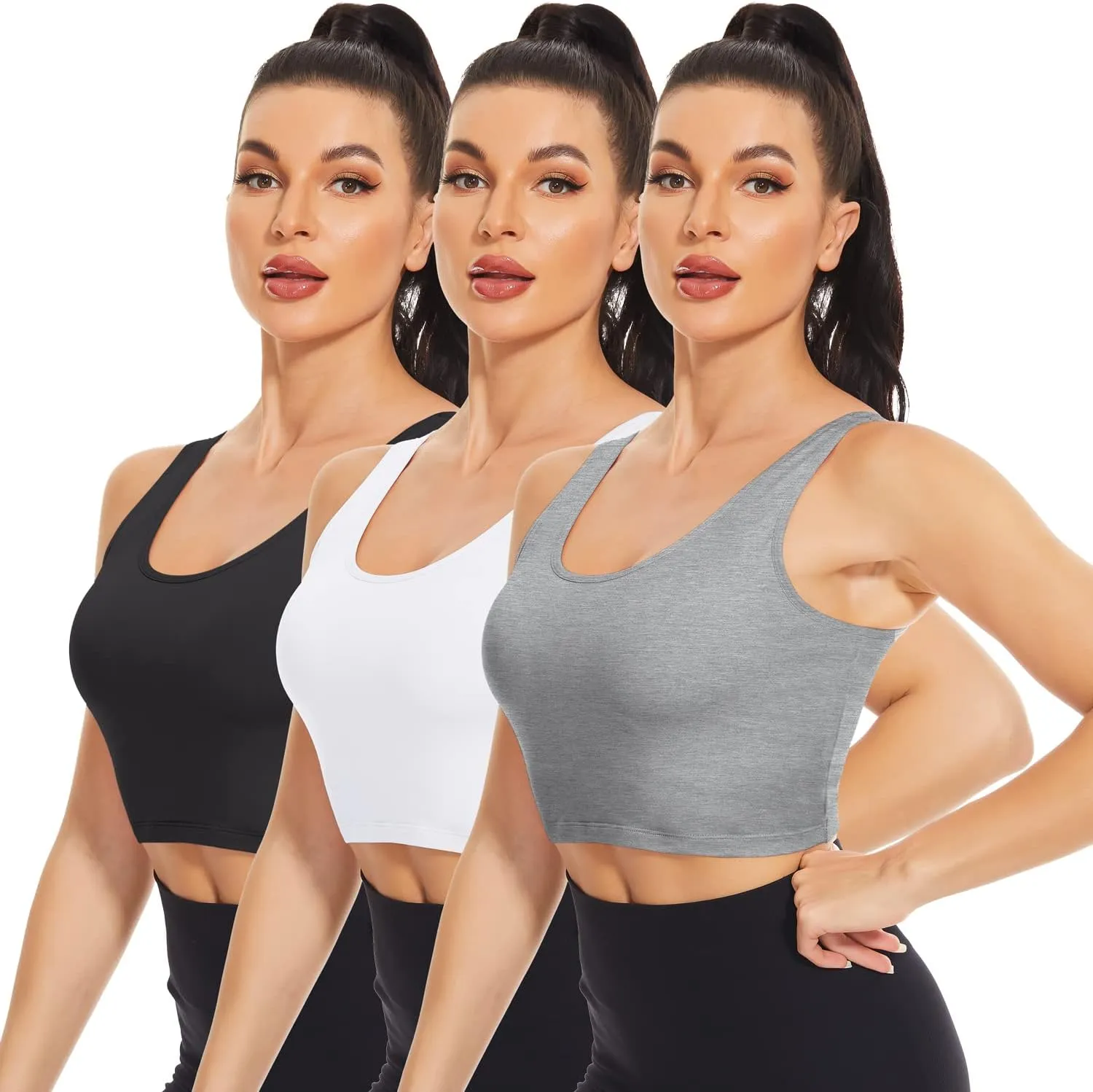 H HIAMIGOS 3 Pieces Crop Tops with Built in Bras Workout Tank Tops Longline Sports Bra Packs for Women