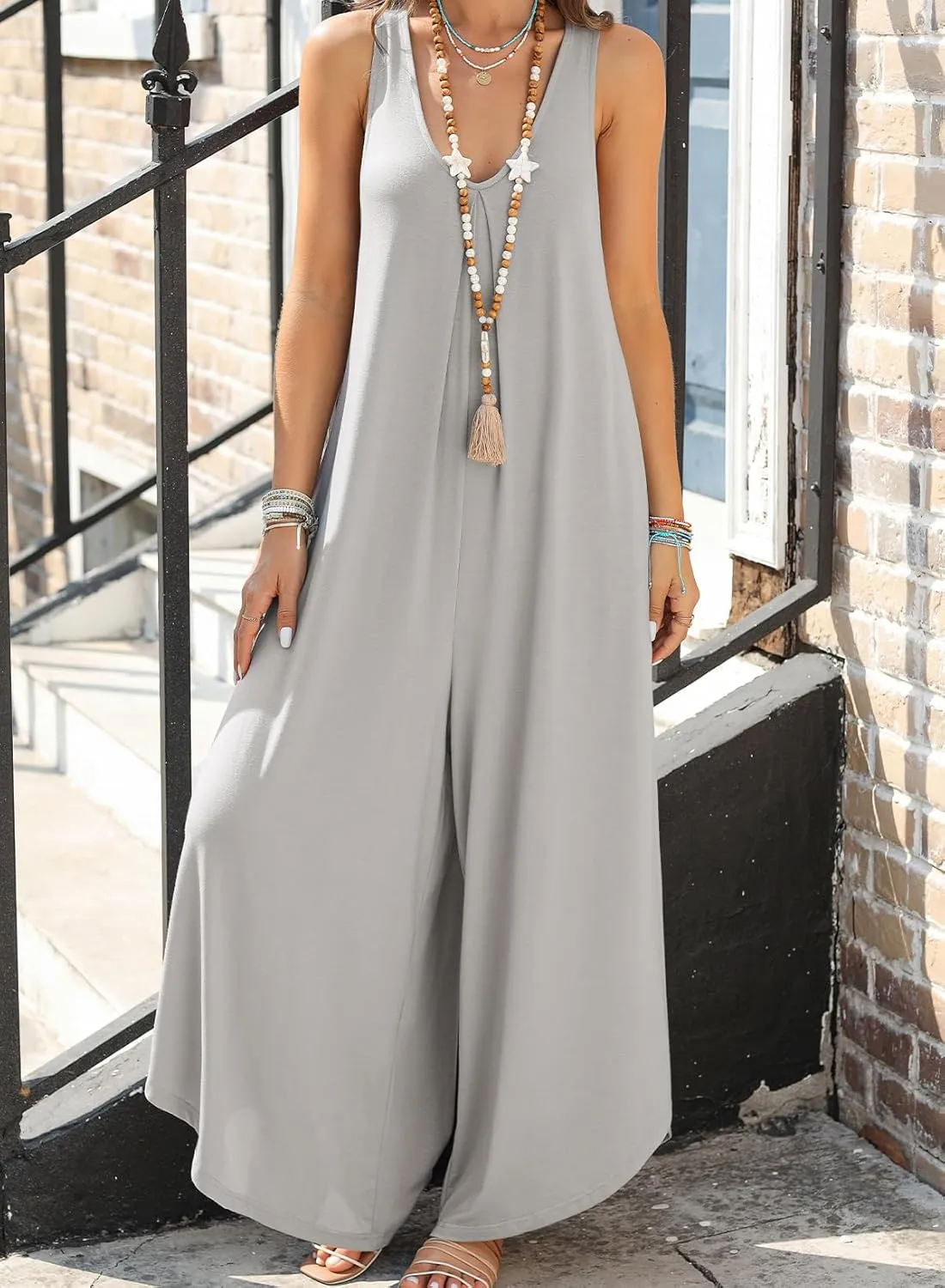 Happy Sailed Women's Jumpsuits Loose Overalls Summer Sleeveless Ruched V Neck Flared Wide Leg Pants Rompers with Pockets