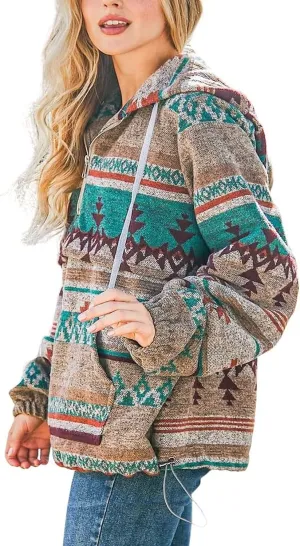 Hotmiss Womens Aztec Half Zip Up Hoodies Sweatshirt Western Long Sleeve Oversized Ethnic Tribal Hooded Pullover Shirt Top