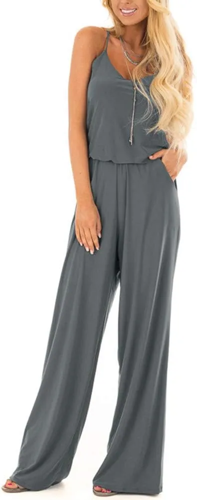 INFITTY Women's Summer Sleeveless Spaghetti Strap Sexy Jumpsuit Rompers Wide Leg Pants Suit