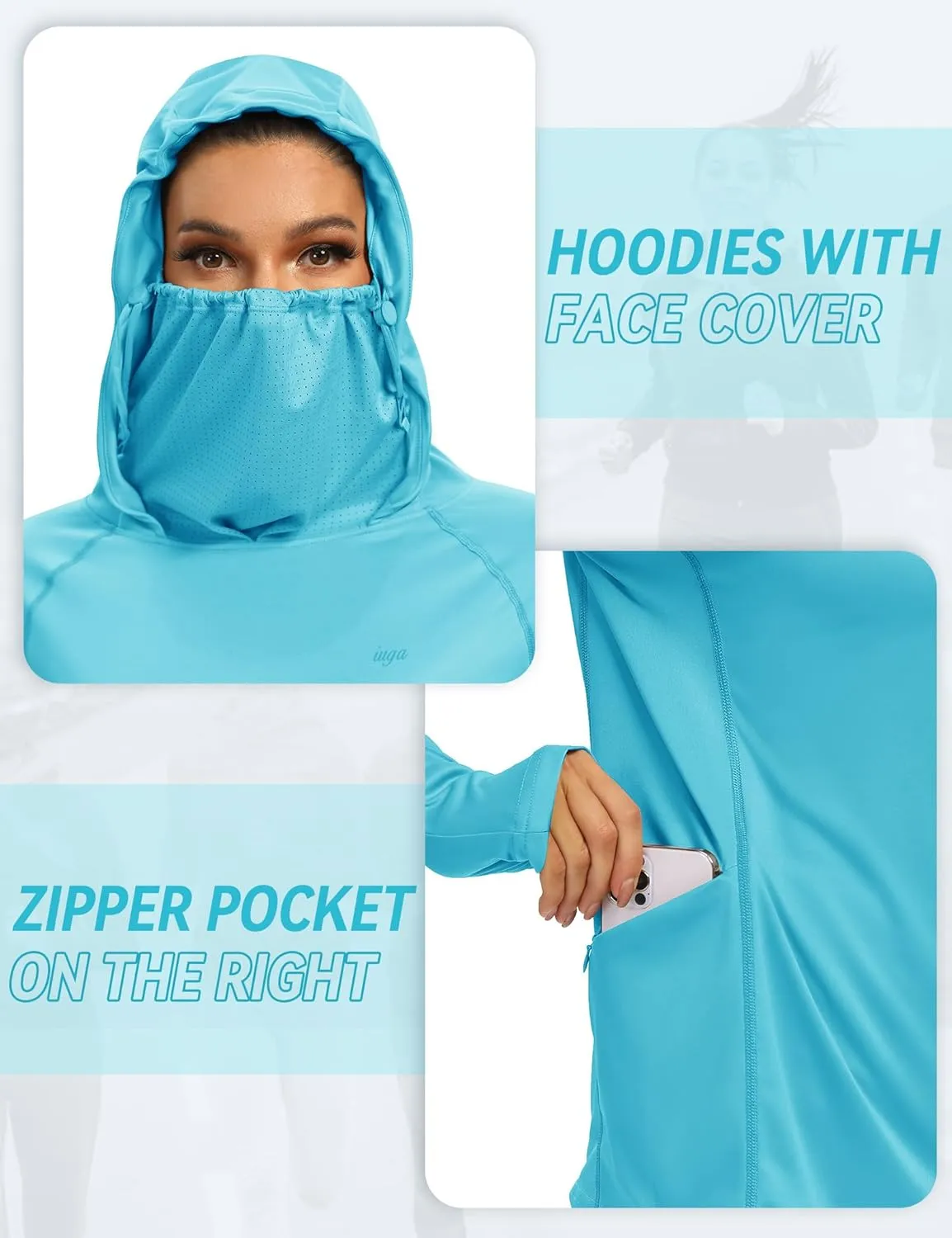 IUGA SPF Shirt Women Sun Protection Clothing UPF 50  Hoodie with Face Cover UV Hiking Long Sleeve Shirts Lightweight Outdoor