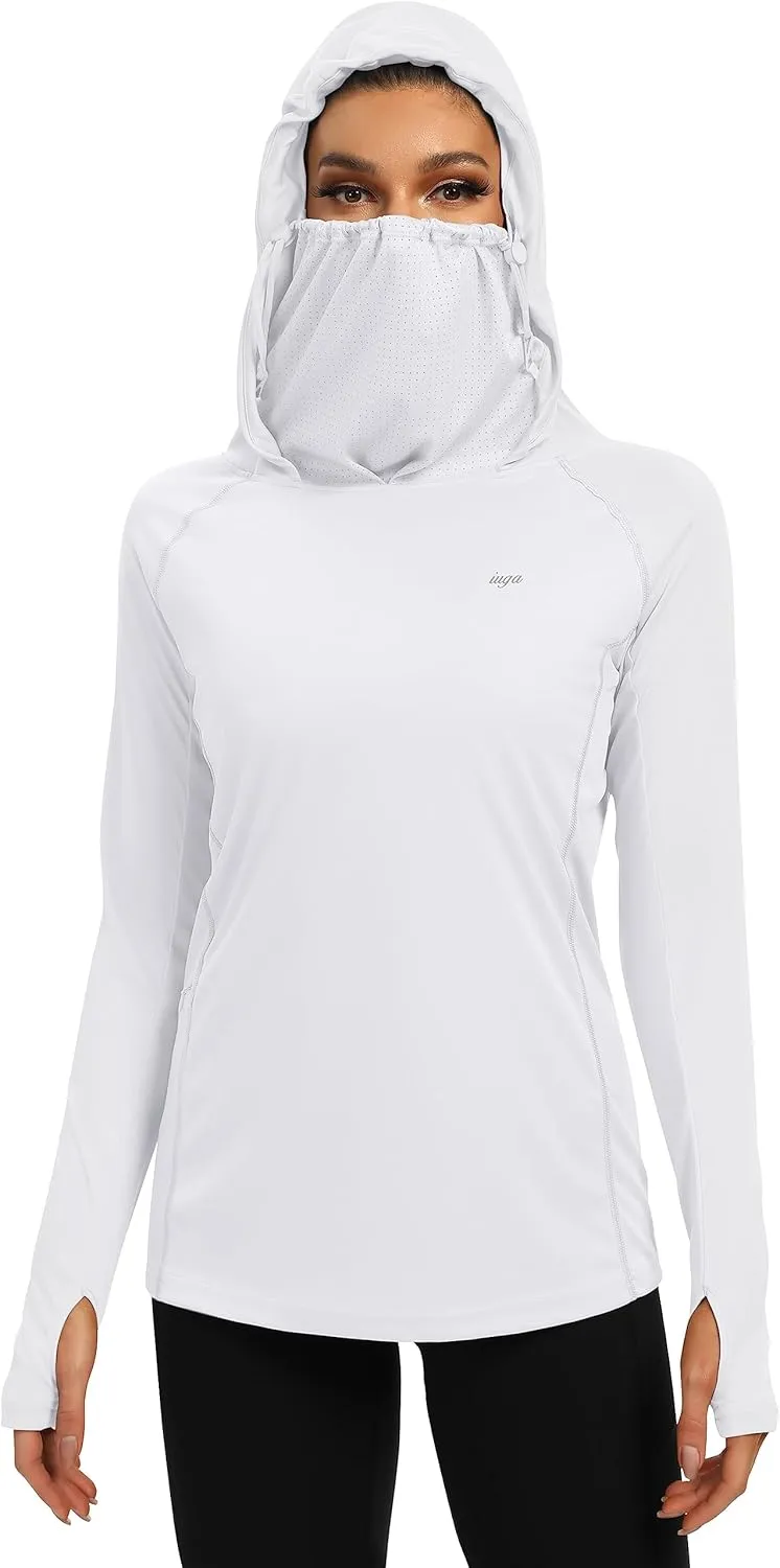 IUGA SPF Shirt Women Sun Protection Clothing UPF 50  Hoodie with Face Cover UV Hiking Long Sleeve Shirts Lightweight Outdoor