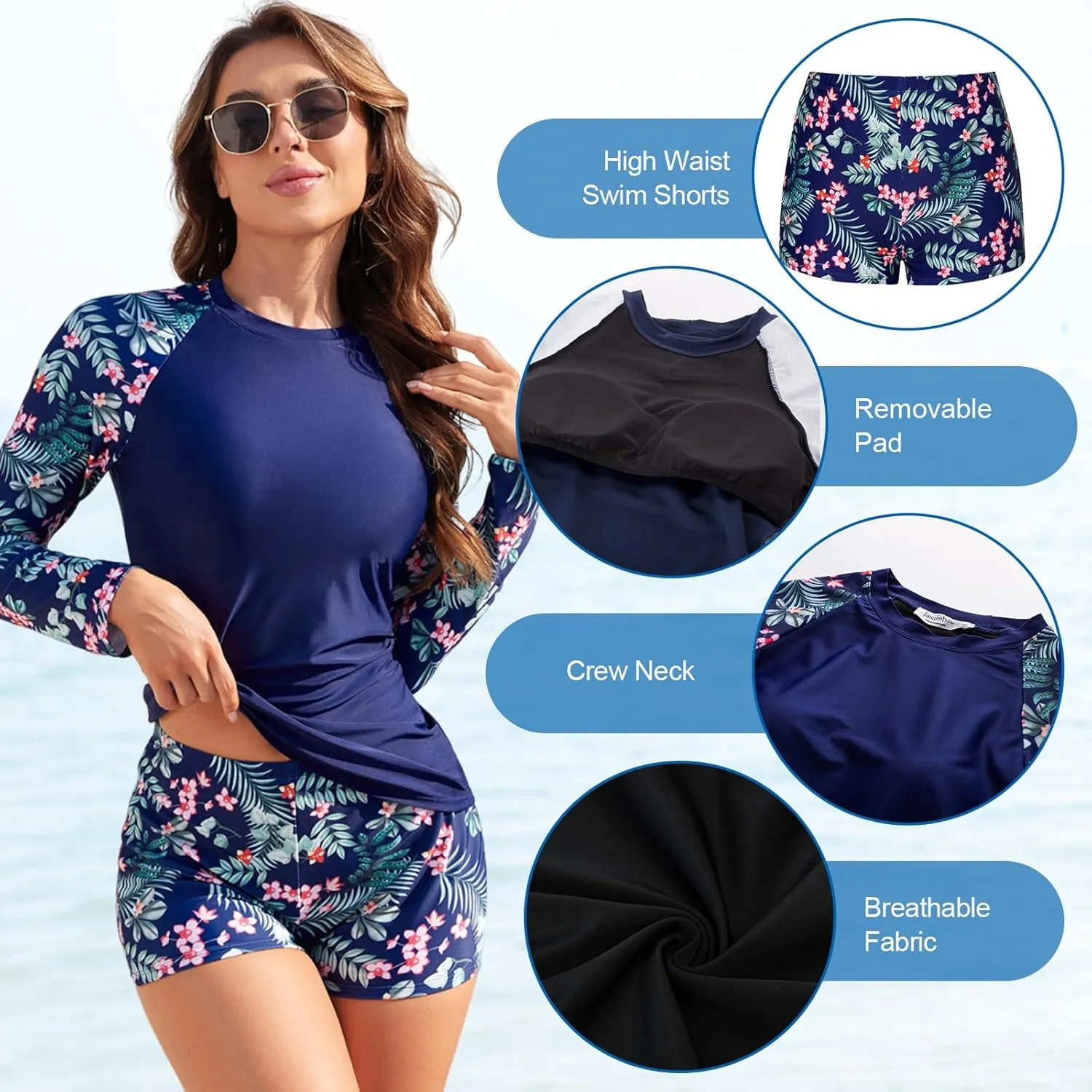 JASAMBAC Womens Rash Guard UV UPF 50  Long Sleeve Surfing Two Piece Swimsuits with Built in Bra