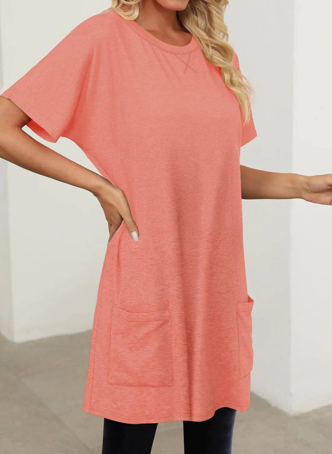 KISSMODA Womens Summer Tunic Tops for Leggings Casual Short Sleeve Long Shirts with Pockets