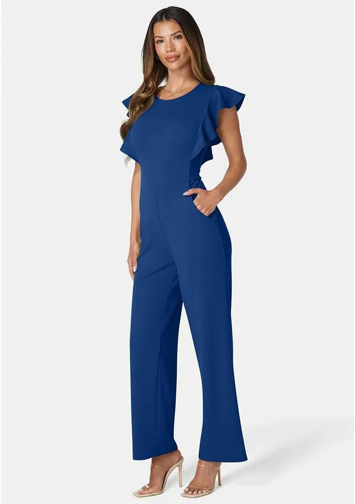 LAGSHIAN Women's Casual Sleeveless Ruffle Crew Neck Jumpsuit Dressy Wide Leg Pants Rompers With Pockets