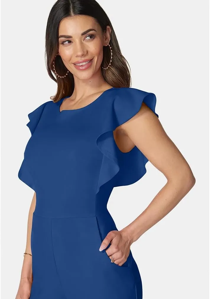 LAGSHIAN Women's Casual Sleeveless Ruffle Crew Neck Jumpsuit Dressy Wide Leg Pants Rompers With Pockets