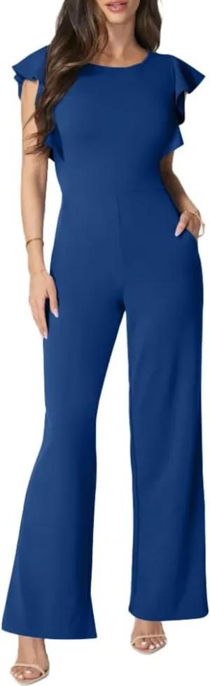 LAGSHIAN Women's Casual Sleeveless Ruffle Crew Neck Jumpsuit Dressy Wide Leg Pants Rompers With Pockets