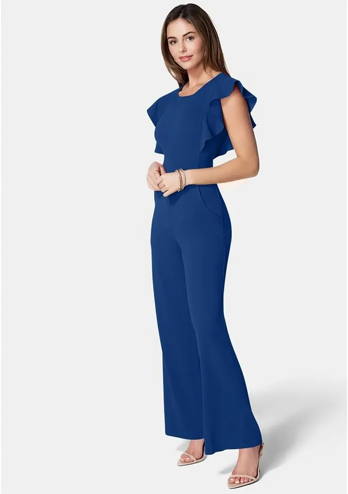 LAGSHIAN Women's Casual Sleeveless Ruffle Crew Neck Jumpsuit Dressy Wide Leg Pants Rompers With Pockets