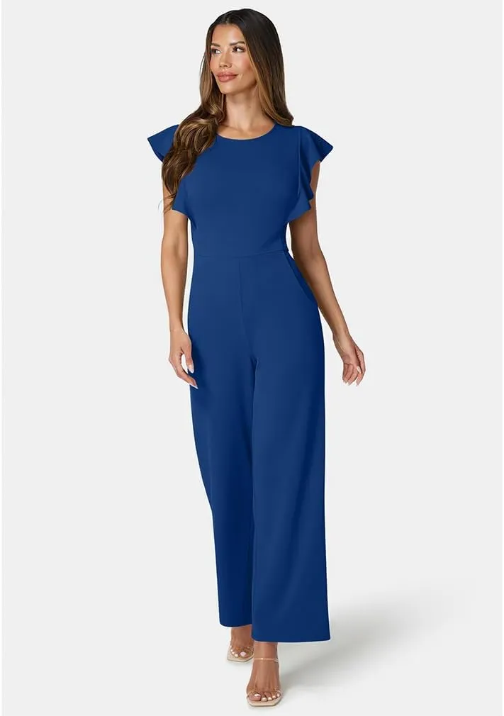 LAGSHIAN Women's Casual Sleeveless Ruffle Crew Neck Jumpsuit Dressy Wide Leg Pants Rompers With Pockets