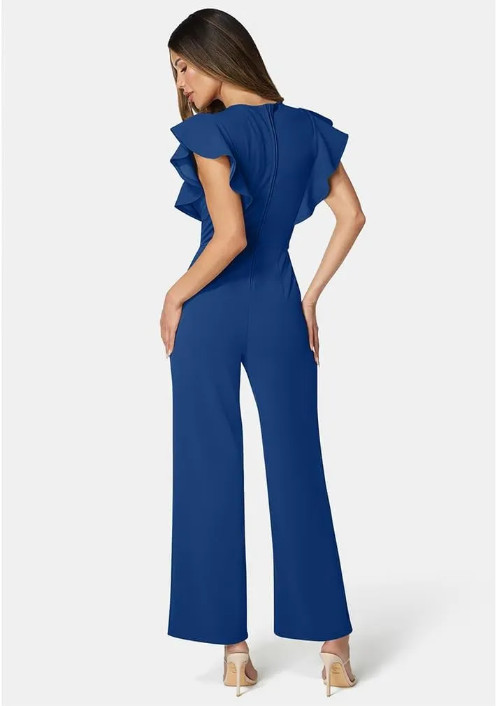 LAGSHIAN Women's Casual Sleeveless Ruffle Crew Neck Jumpsuit Dressy Wide Leg Pants Rompers With Pockets