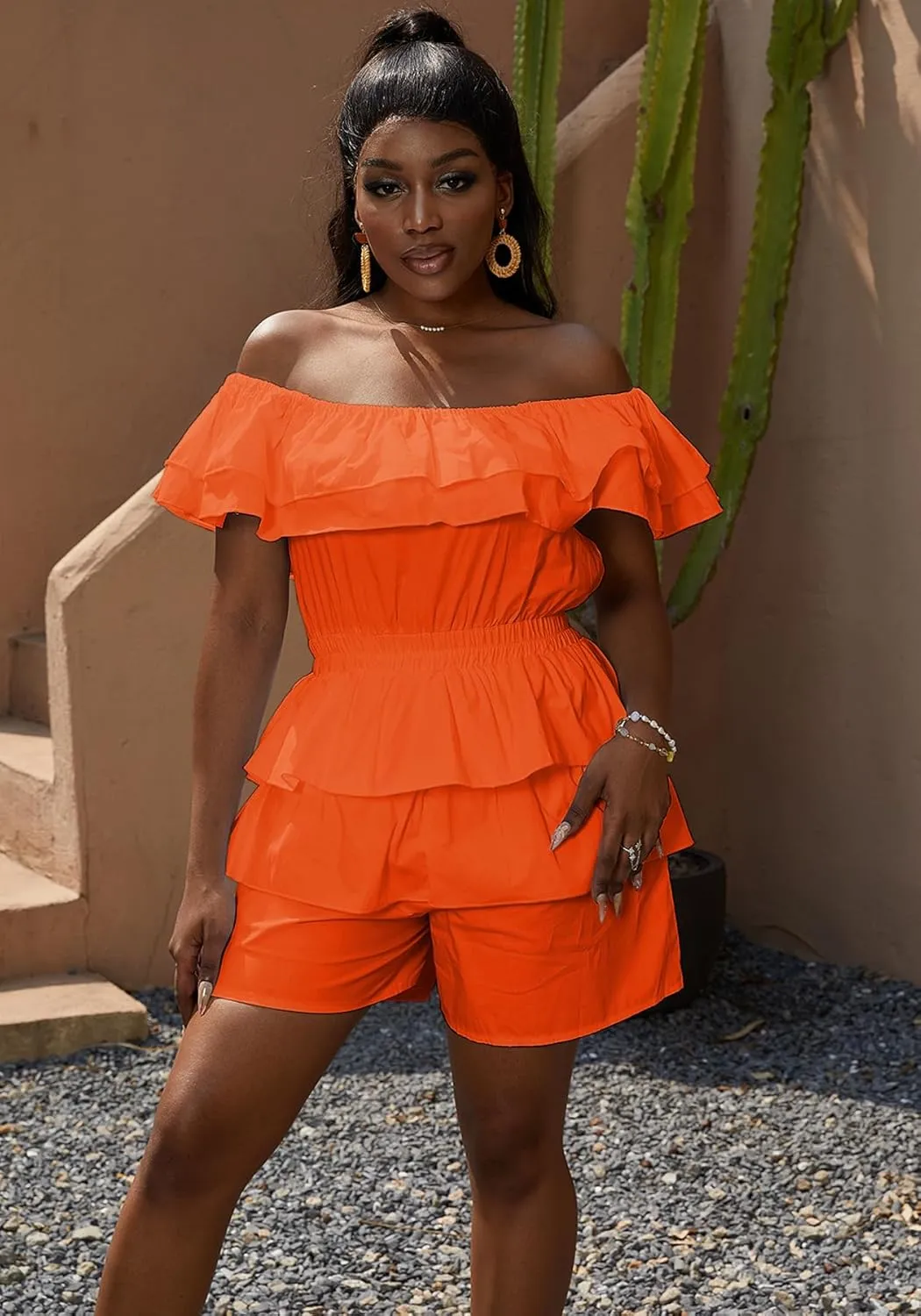LAJIOJIO Jumpsuits for Women,Sexy Off the Shoulder Ruffle Hem Pleated Short Romper for Summer 2024