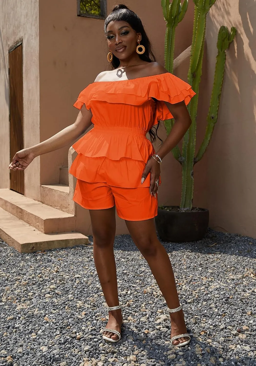 LAJIOJIO Jumpsuits for Women,Sexy Off the Shoulder Ruffle Hem Pleated Short Romper for Summer 2024